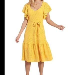 NWT! London Times Yellow Eyelet Lace Stretch Knit Midi Dress 12 Flutter Sleeve